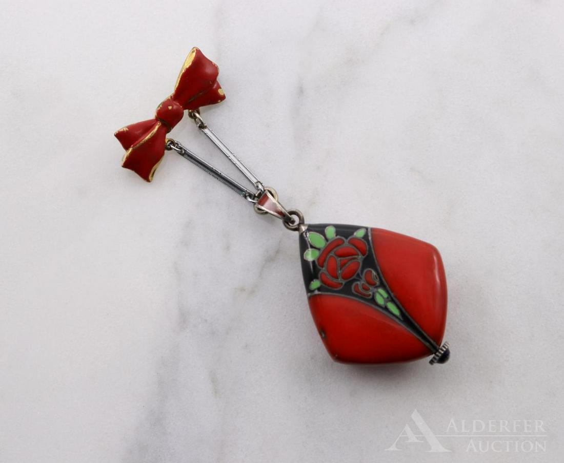 Sterling Silver Bulova Enameled Pendant Watch: .935 Sterling case with red, black and green enamel rose design, chip. 15 Jewels. Serial # 405608. Arabic numerals, blue hands. One significant chip down to silver in red enamel along edge and several