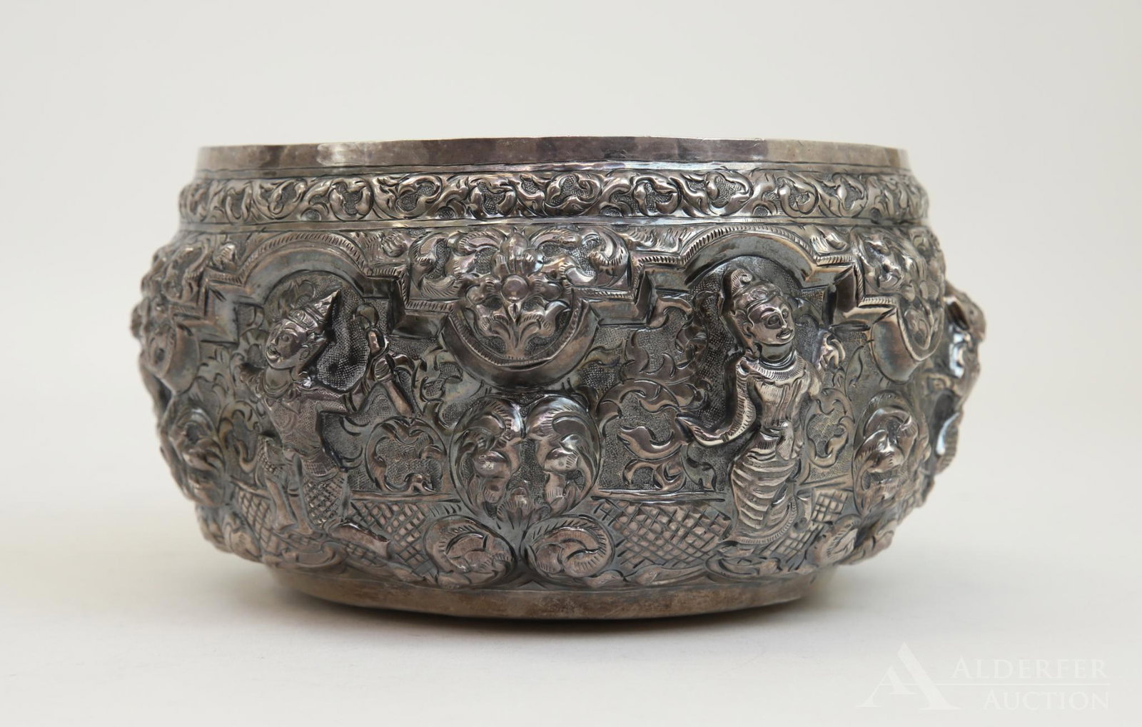 Burmese Offering Bowl: Embossed silver offering bowl with Ramayana style motif. 3.75"h x 6.75"round and 9.6ozt