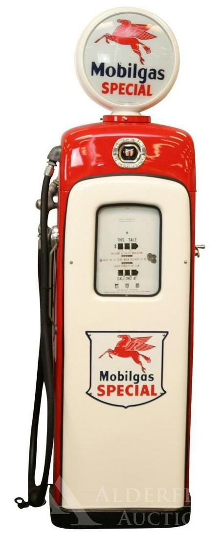 Martin and Schwartz/Wayne Model 80 Gas Pump Restored in: Martin & Schwartz and Wayne Model 80 Gas Pump restored in Mobilgas Special Gasoline. Reproduction Mobilgas Pegasus globe and pump plates. Porcelain pump face shows wear. Includes nozzle and hose. Meas