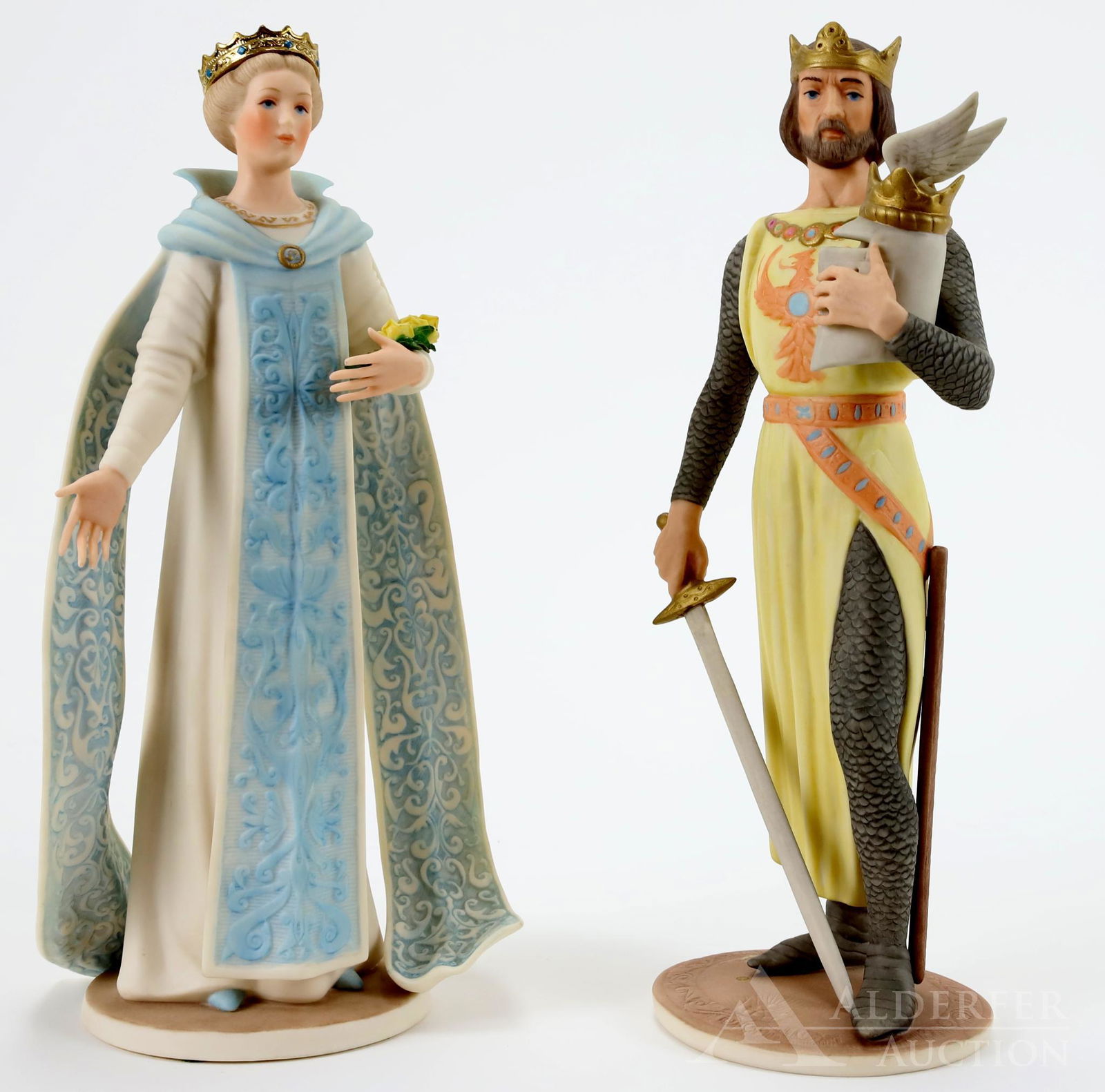 Goebel Figurines by Laszlo Ispanky: Limited edition porcelain figures. Includes Guinevere 104/500, 11"tall. King Arthur, 1/500, 11" tall. Each stamped on bottom. 