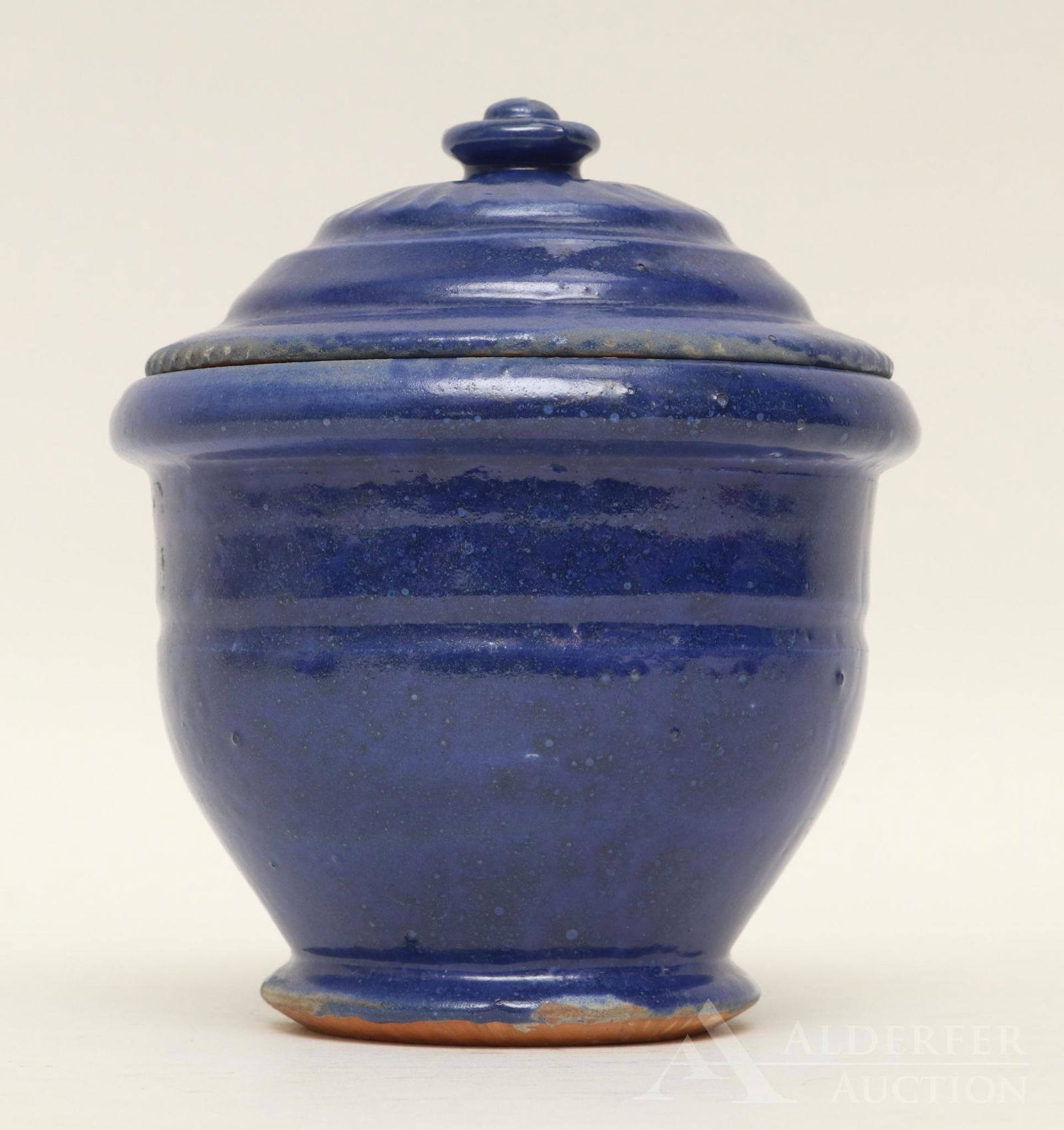 Isaac Stahl Redware Covered Sugar Bowl: Blue glazed sugar bowl signed and dated I.S. Stahl, 1934. 5.5"h x5" round