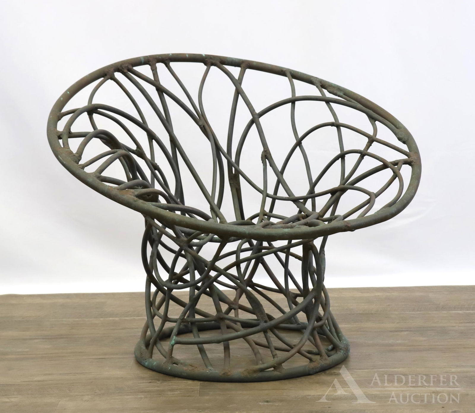 Val Bertoia Vined Chair: Bronze welded copper tubing with verdigris highlights. Comes with Title of Authentication and numbered B-1144. 28"h x 34" diameter