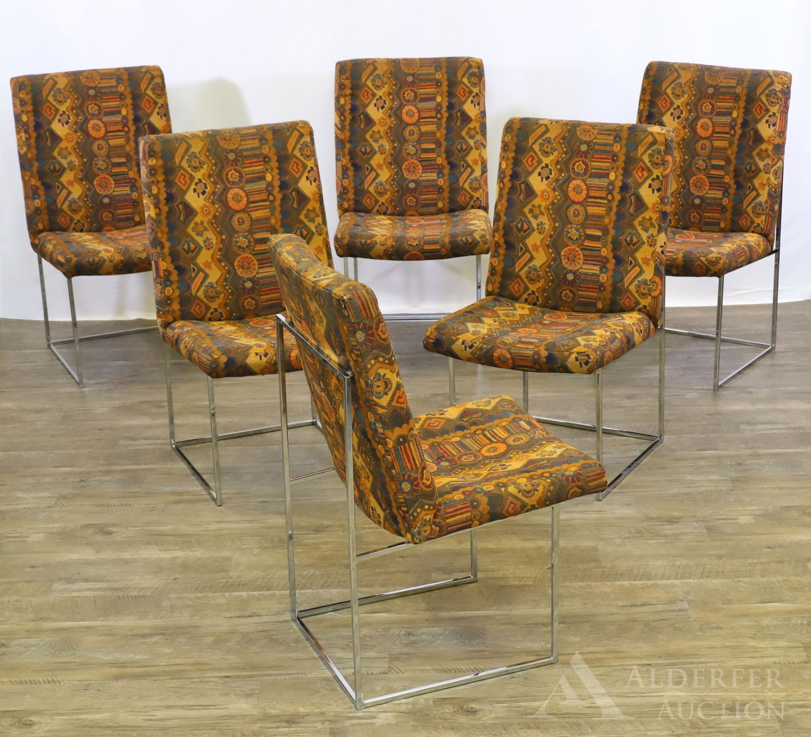 Milo Baughman for Thayer Coggin Dining Chairs: Set of (6) with chrome frames and patterned upholstery. 36"h x 19"w x 21"d