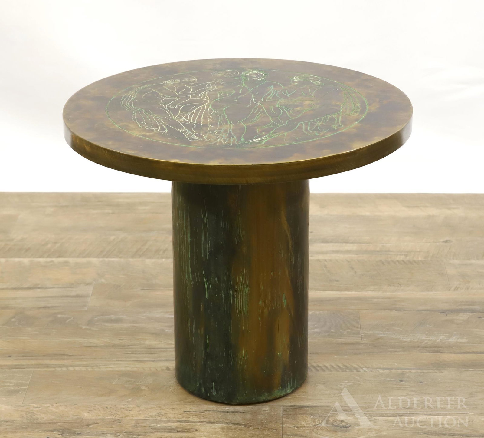 Philip and Kelvin Laverne Etched and Bronze Side Table: Center top etched figural motif, signed lower right. 16.5"h x 19" round