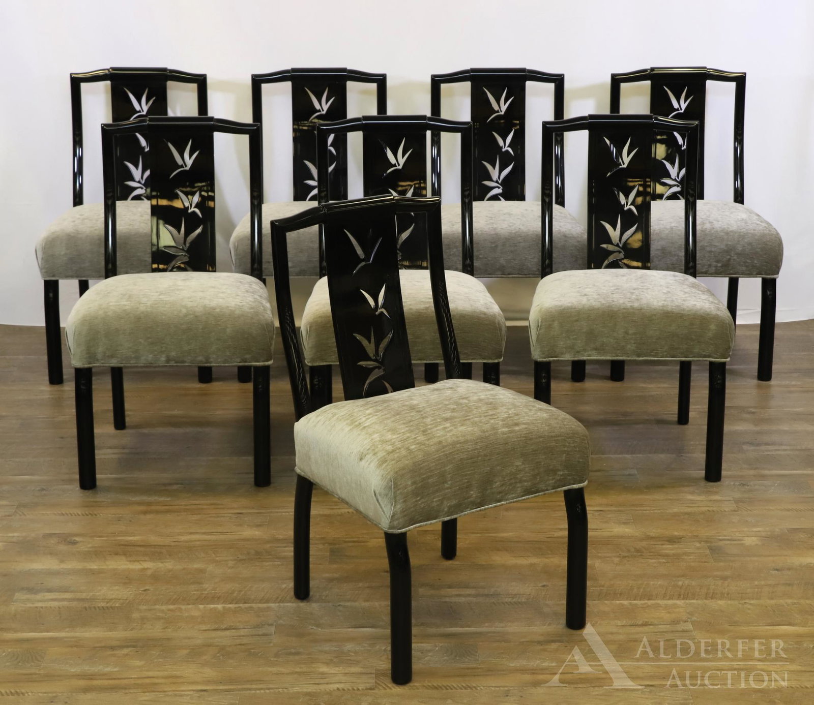 James Mont Dining Chairs: Set of (8) black painted pierced back side chairs with gray plush upholstery. 35"h x 20"w x 18"d