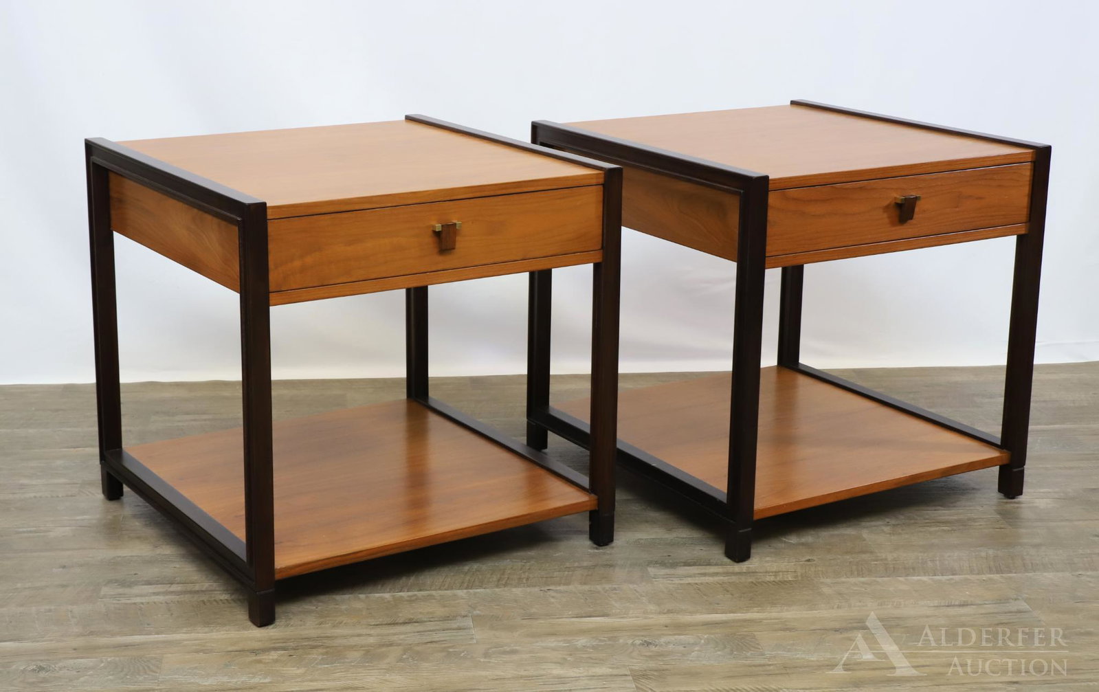 Pair of Edward Wormley Nightstands for Dunbar: Walnut with lacquered trim, one drawer with rosewood pull. 27"h x 27"w x 28"d