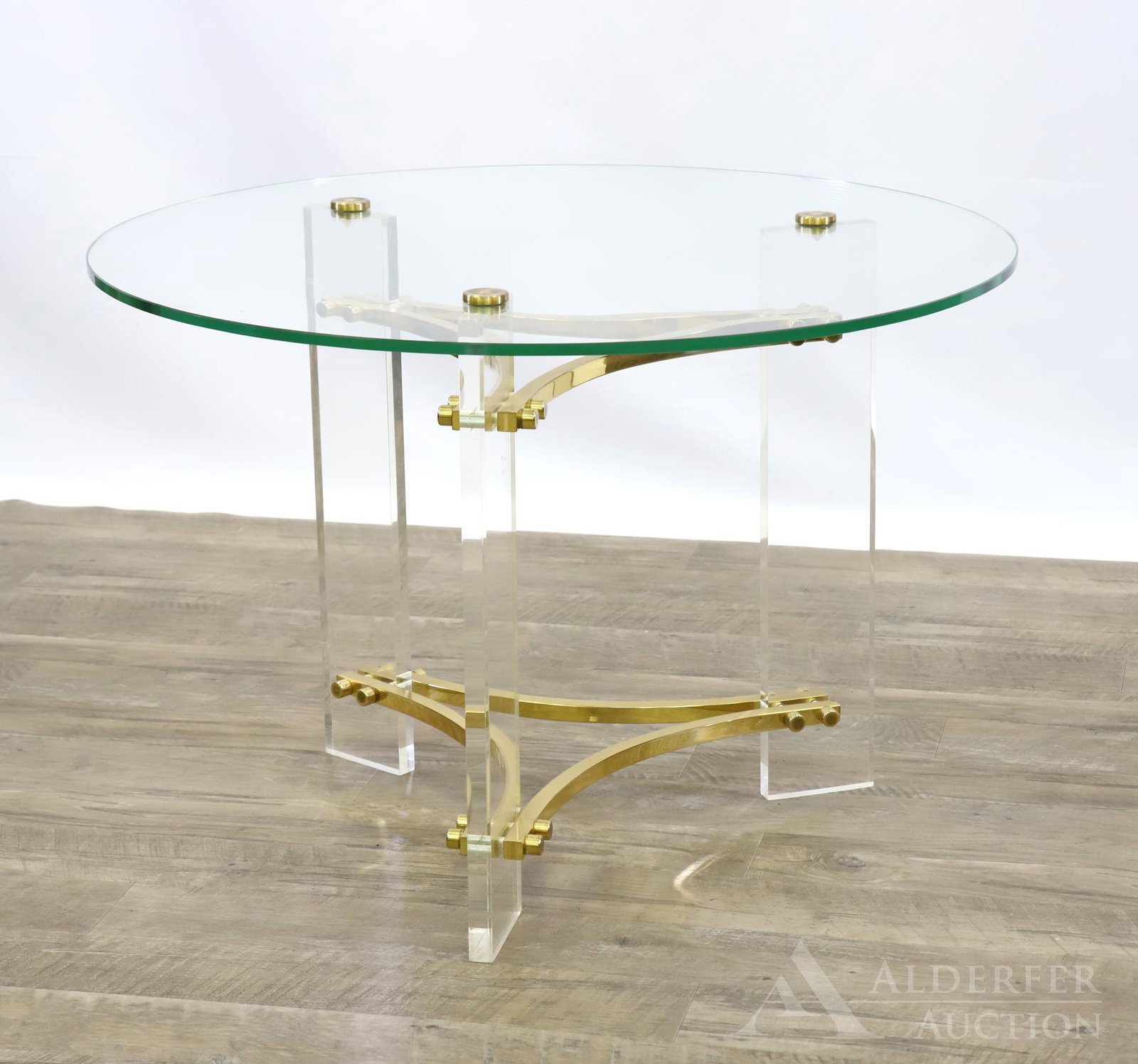 Charles Hollis Jones Lucite and Brass Side Table: Circular Glass top, 20"h x 30" round