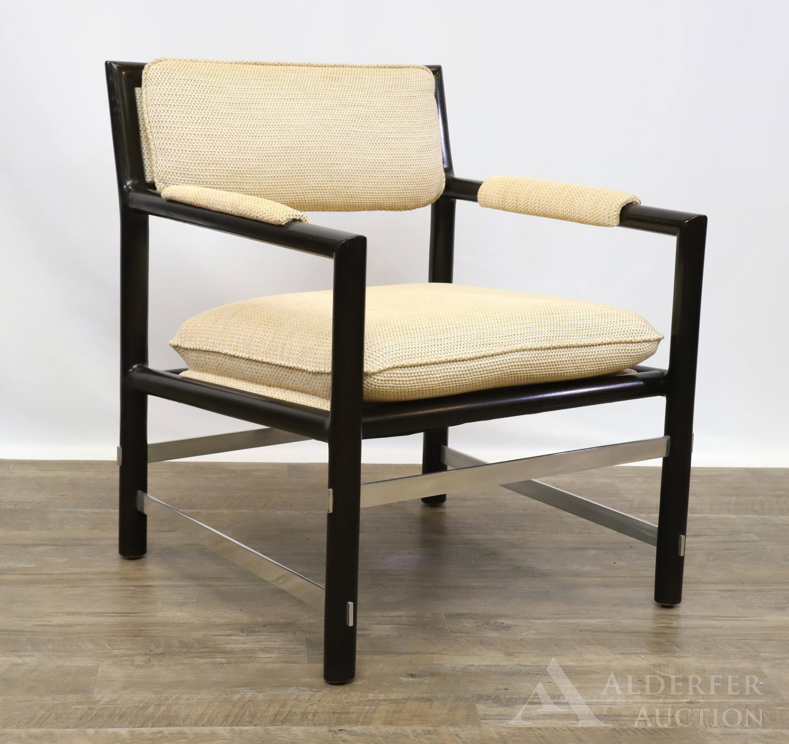 Edward Wormley "Edwards Chair" for Dunbar: Ebonized oak and chrome frame with cream tweed upholstery. 31"h x 25"w x 25"d