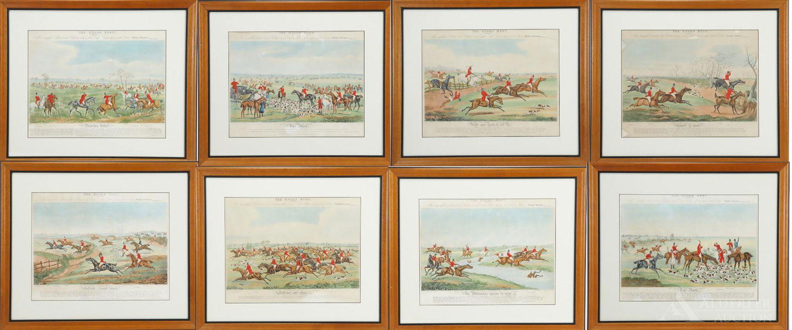 English Fox Hunting Prints-Henry Thomas Alken: Grouping of eight English fox hunting prints from "The Quorn Hunt" series by Henry Thomas Alken ((1785-1851) including Plate I "The Meet", Plate II "Drawing Cover", Plate III "Talli Ho! and Away", Pla