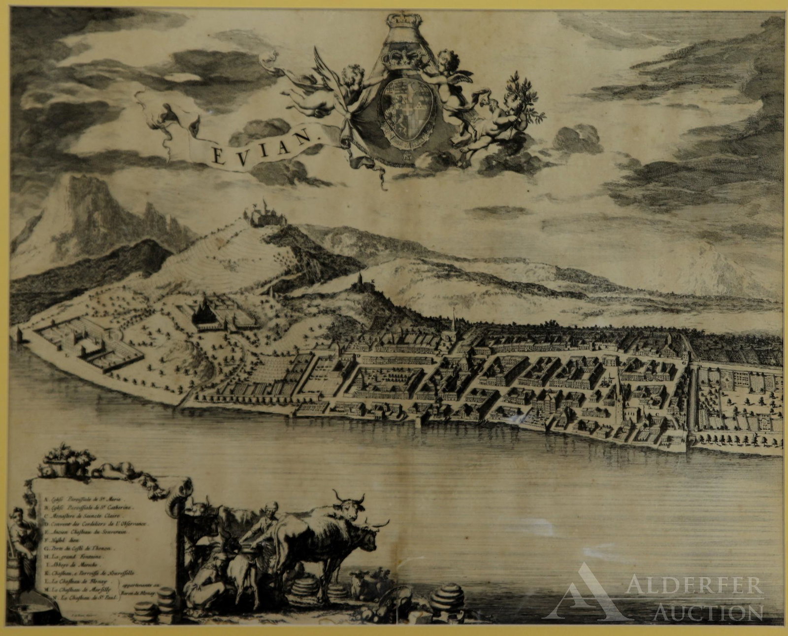 17th Century Map of Evian France-Blaeu: Copper plate engraved map by Joan Blaeu (1596-1673) being a birds eye view of the town of Evian-les-Bains, in the French of department Haute-Savoie. Map measures 17.5" x 22" and is housed in a frame m