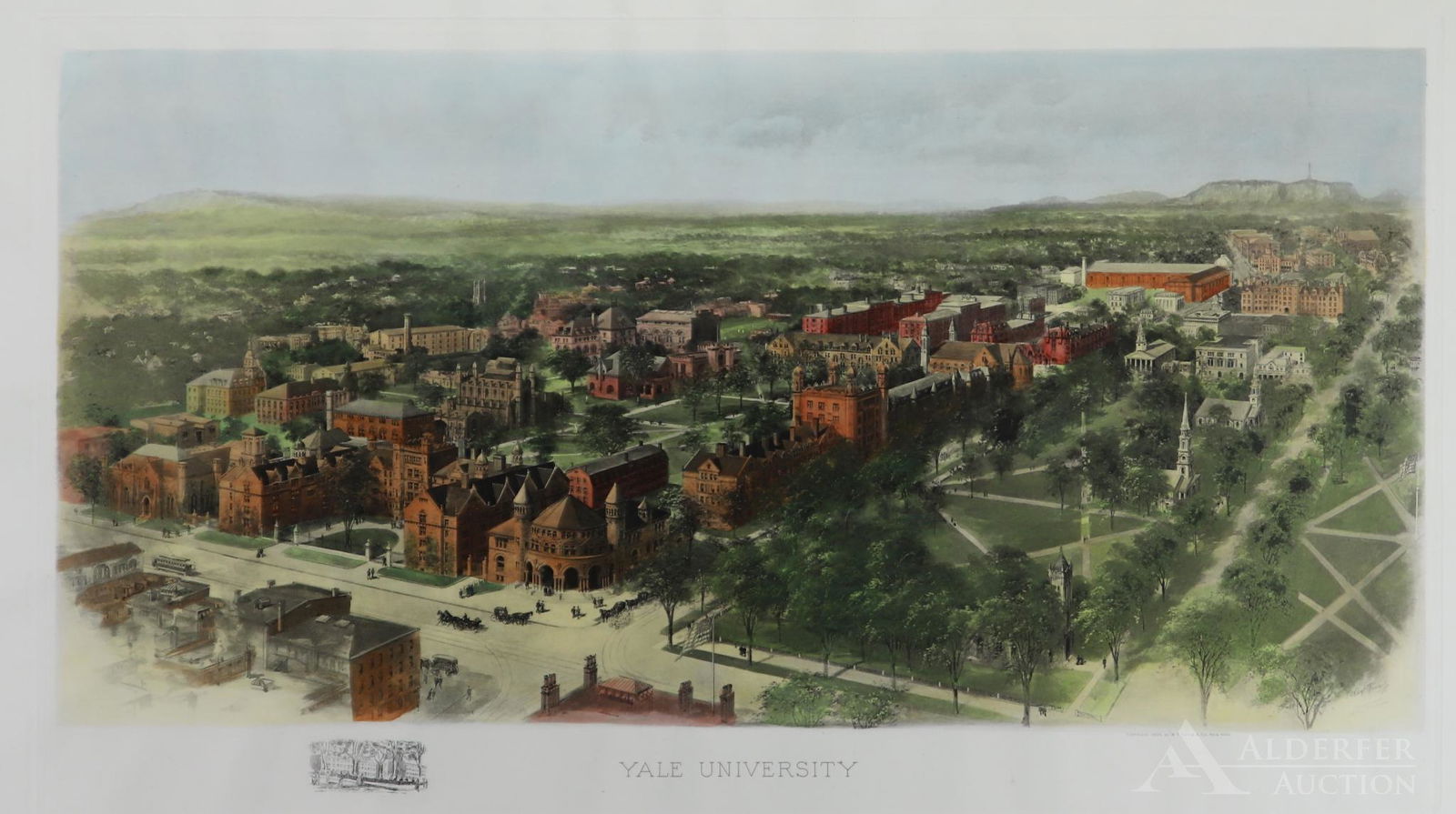 Yale University Bird's Eye View Photogravure: Hand-colored photogravure of "Yale University by landscape artist Richard Rummell (1848-1924). Plate presents information "Copyright 1906 by W.T. Littig & Co., NY". Plate measures "21.5" x 33.5" (sigh