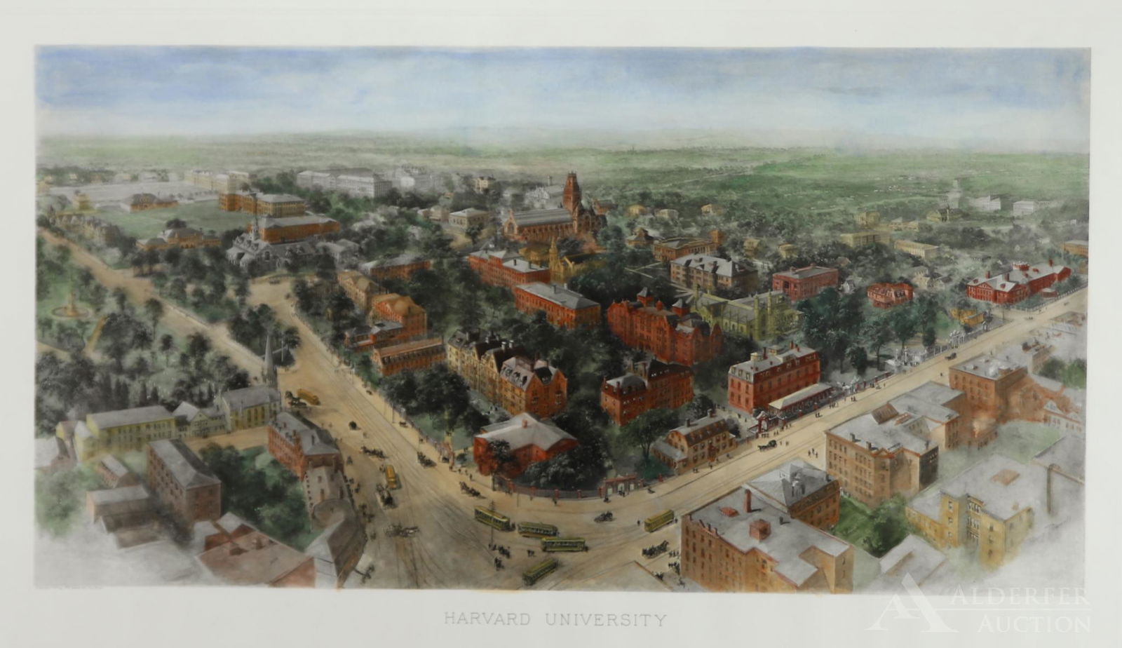 Harvard University Bird's Eye View Photogravure: Hand-colored photogravure of "Harvard University" by landscape artist Richard Rummell (1848-1924). Plate presents information "Copyright 1906 by F.D. Nichols, N & Co. NY". Plate measures "21.5" x 33.5