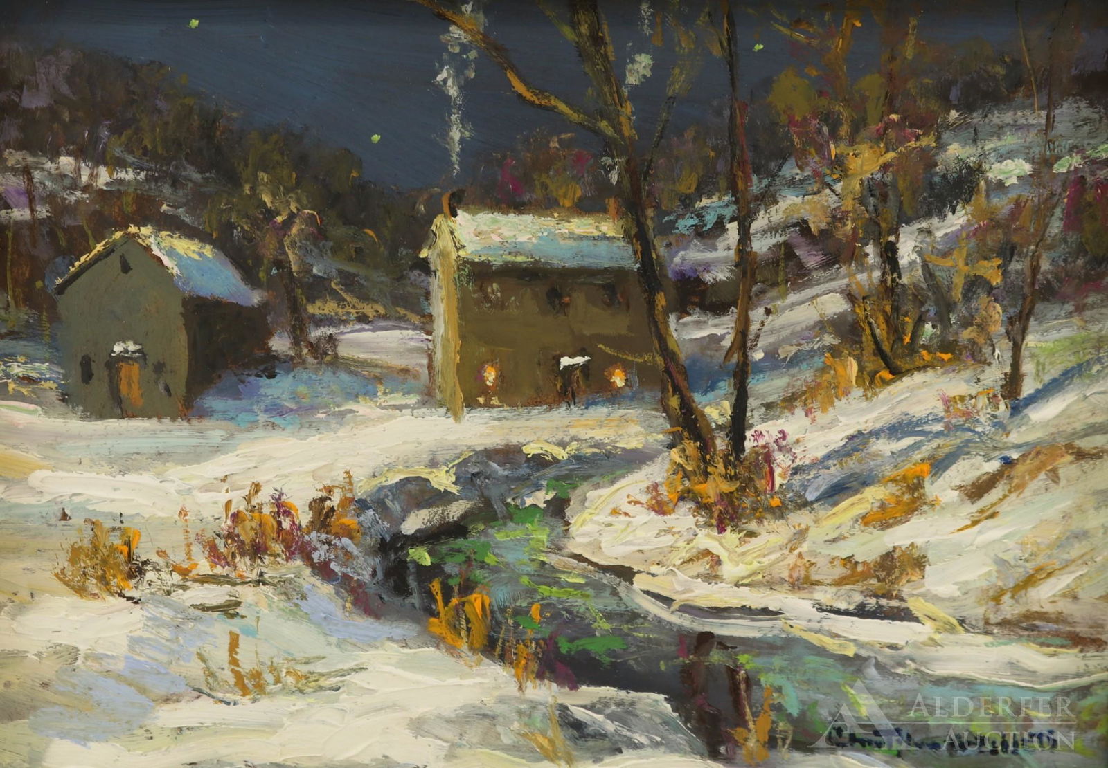 Christopher Willett (Born 1959): Oil on board, "Full Moon Tinicum Stone Farm House on bend by Covered Bridge", SLR, signed and titled en verso. 5"h x 7"w and 6.25"h x 8.25"w framed