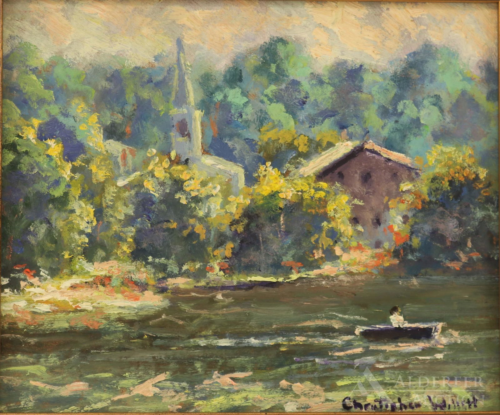 Christopher Willett (Born 1959): Oil on board, "Above New Hope Lambertville Bridge View from New Hope", SLR, signed and titled en verso. 5"h x 6"w and 7.25"h x 8.25 framed