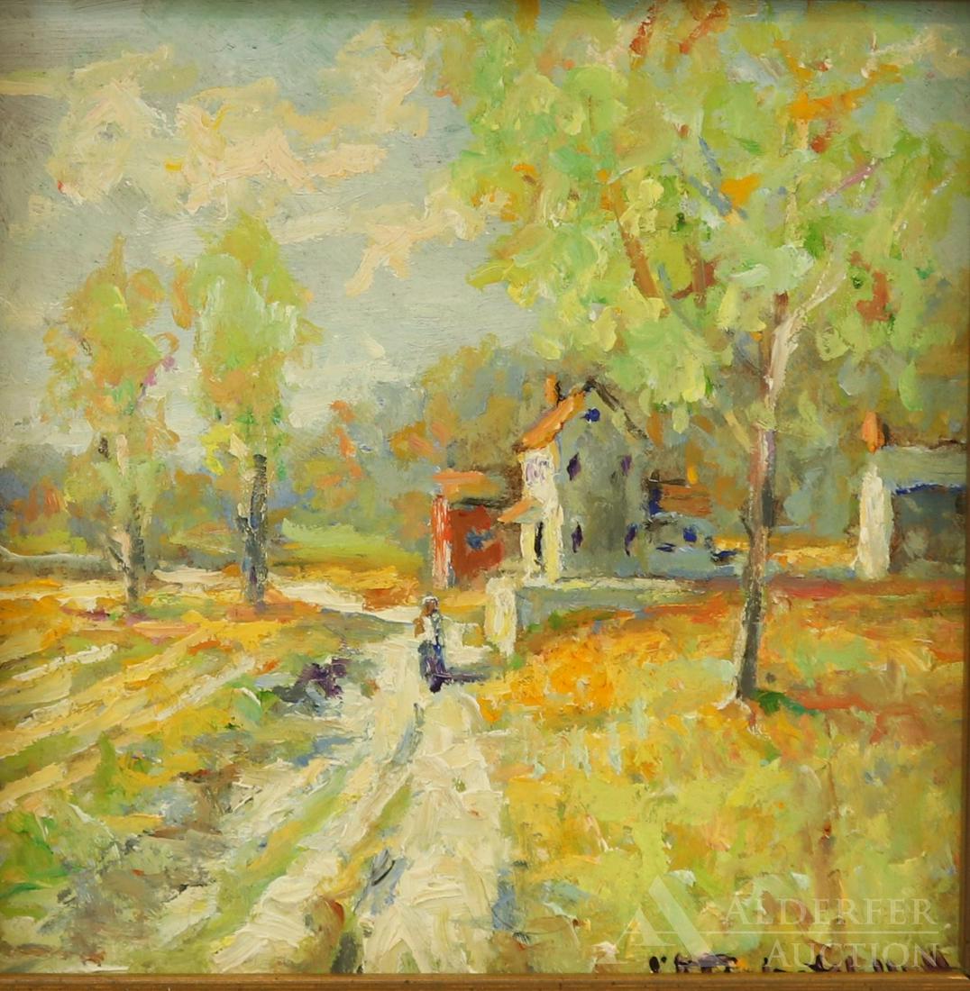 Christopher Willett (Born 1959): Oil on board, "Back Road by Quakertown, Bucks County, Pa", SLR, signed and titled en verso. 5"h x 4.75"w and 8.75"h x 8.75"w framed
