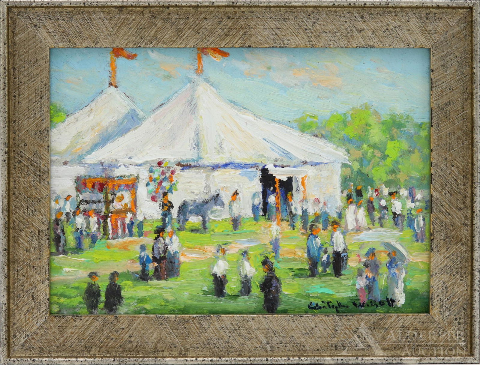 Christopher Willett (born 1959): Oil on board, "The Circus, Bucks County Pa", SLR. Impressionist scene of circus go-ers and vendors in front of the big top. 5"h x 7"w and 6.25"h x 8.25"w