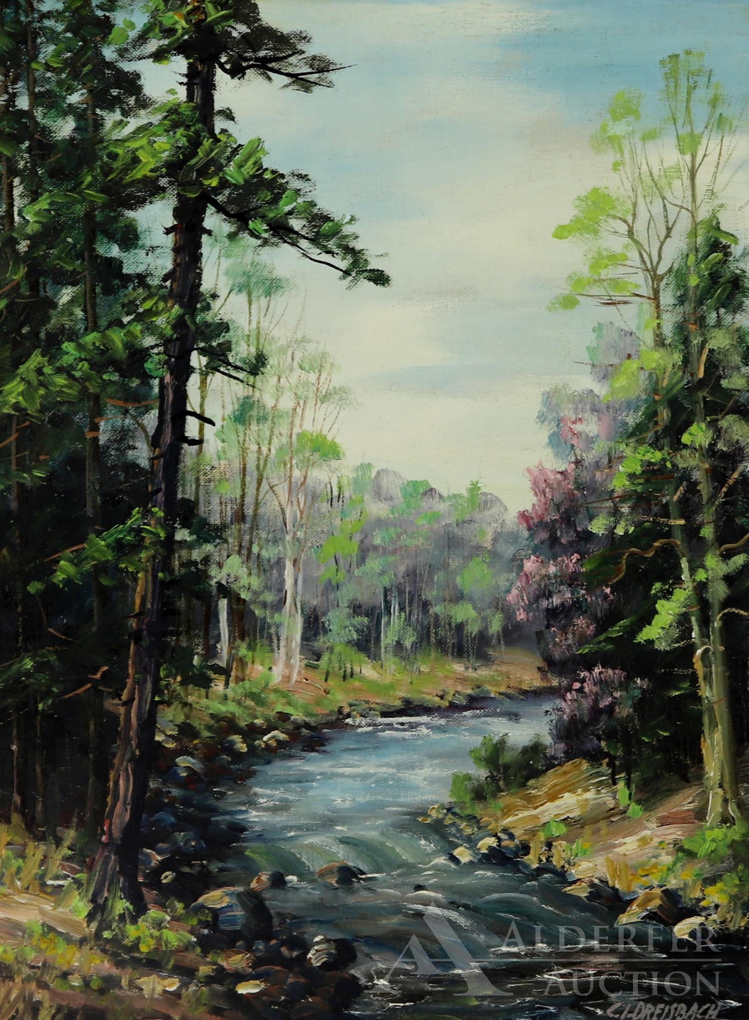 Clarence Ira Dreisbach (1903-2001): Oil on board, â€œEarly Spring Swiftwater Creek, Pocono Mountains”, SLR, titled en verso. Landscape with flowing creek edged by mature trees and blossoming bushes. 16"h x 12"w and 19"h x 15"w
