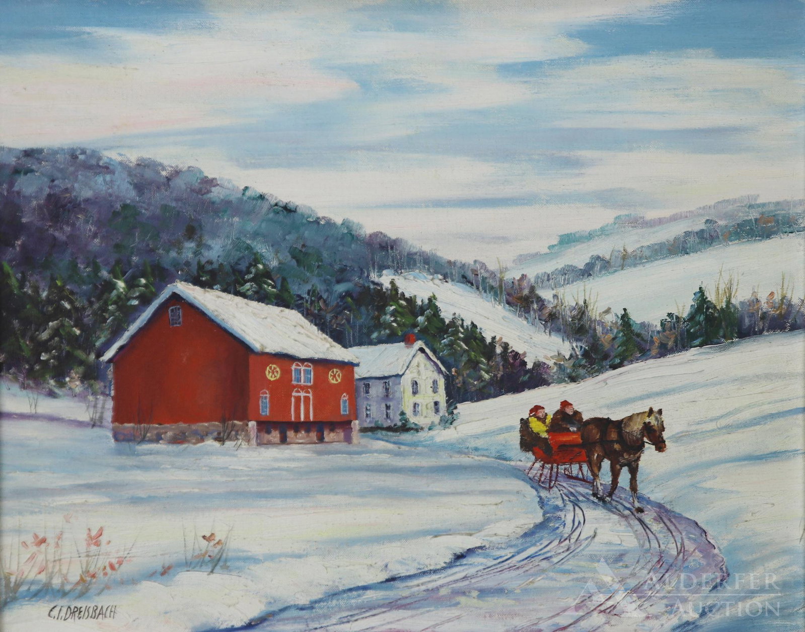Clarence Ira Dreisbach (1903-2001): Oil on board, â€œWinter Pennsylvania Dutch Country”, SLL and titled en verso. Winter rural landscape with farmhouse and barn and horse pulling sleigh. 16"h x 19.75"w and 32.5"h x 27.75"w fra