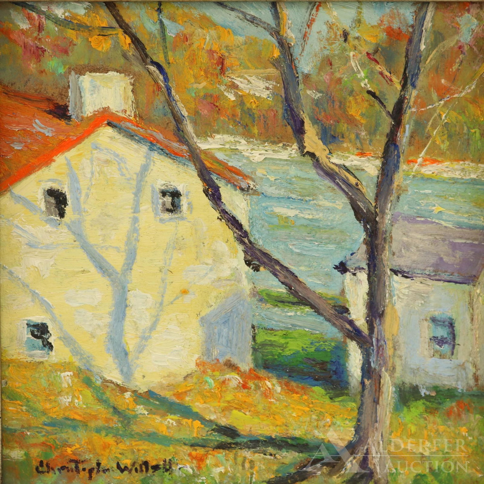 Christopher Willett (Born 1959): Oil on board, "Lumberville PA", SLL, signed and titled en verso. 5"h x 5"w and 6"h x 6"w framed