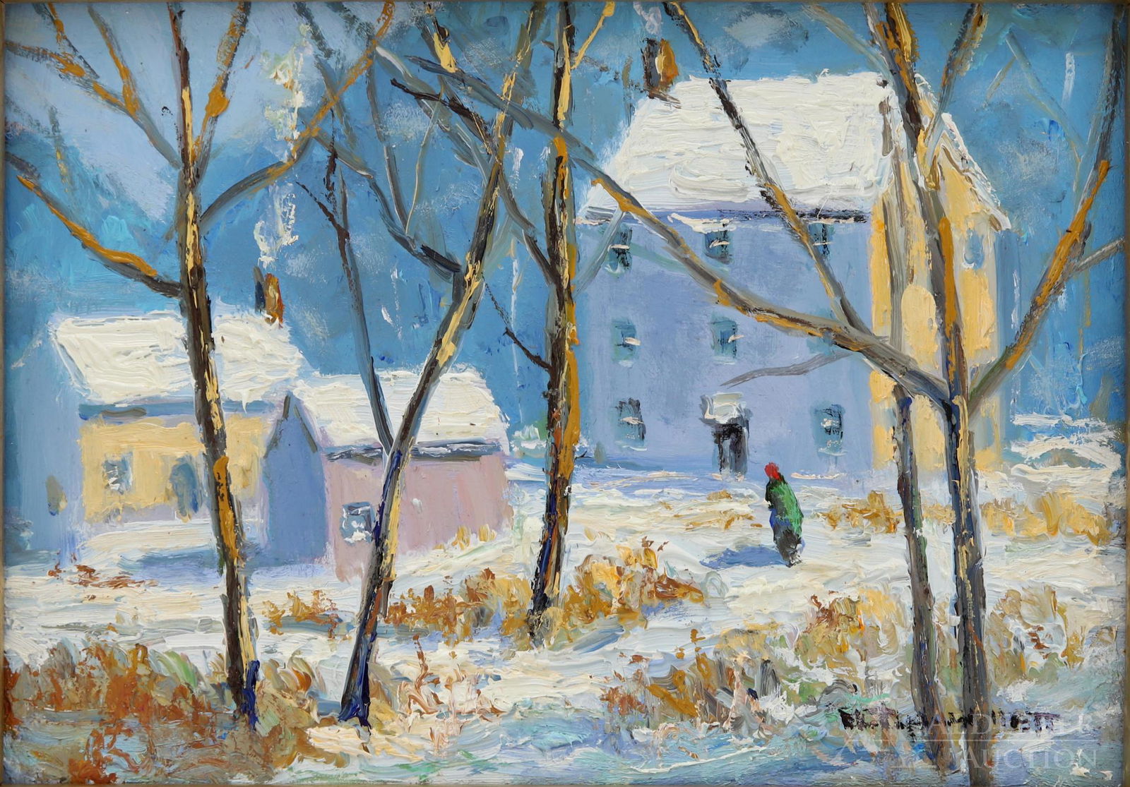 Christopher Willett (born 1959): Oil on board, "River Rd, Point Pleasant, Bucks County Pa" SLR. Winter landscape of homestead and out buildings. 5"h x 7"w and 6"h x 8"w 