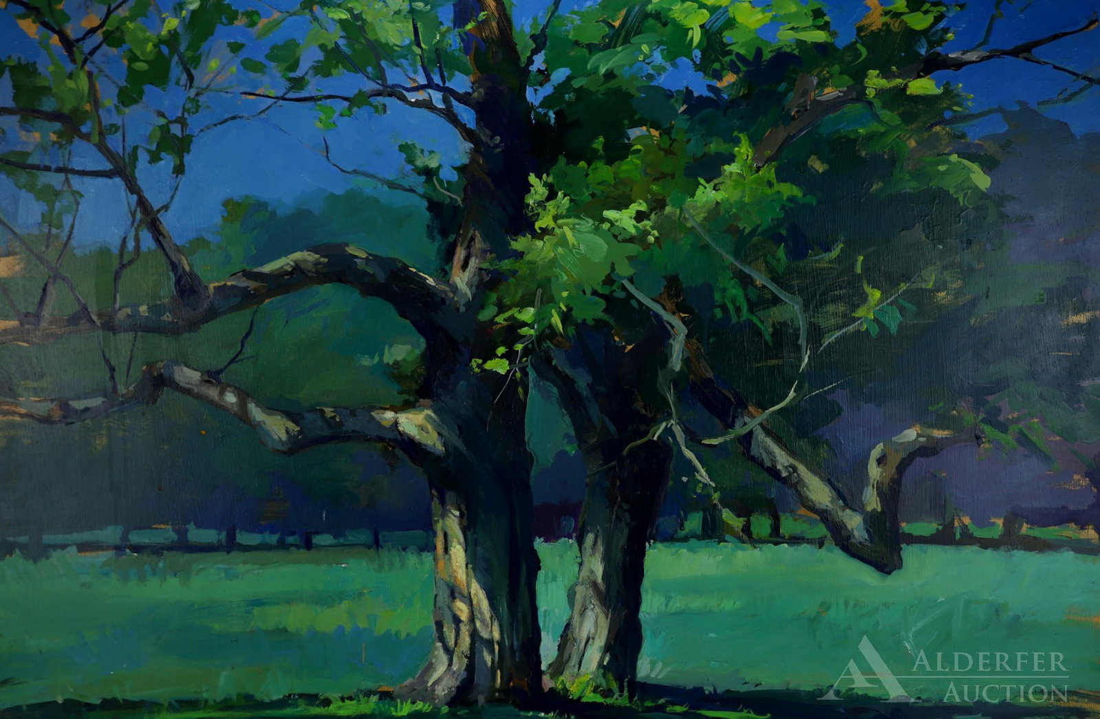 Ben Marcune (1935-2018): Oil on wood, not signed. Commanding central tree with grove of trees in the background. 31.75"h x 48"w and 33"h x 49" framed