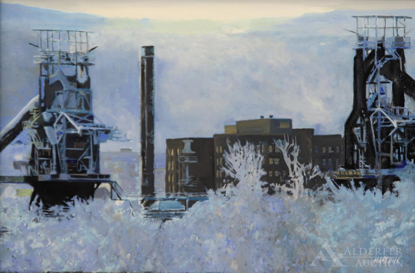 Ben Marcune (1935-2018): Oil on board, "Fire and Ice", SLR. Bethlehem Steel. 12"h x 18"w and 16"h x 22"w framed