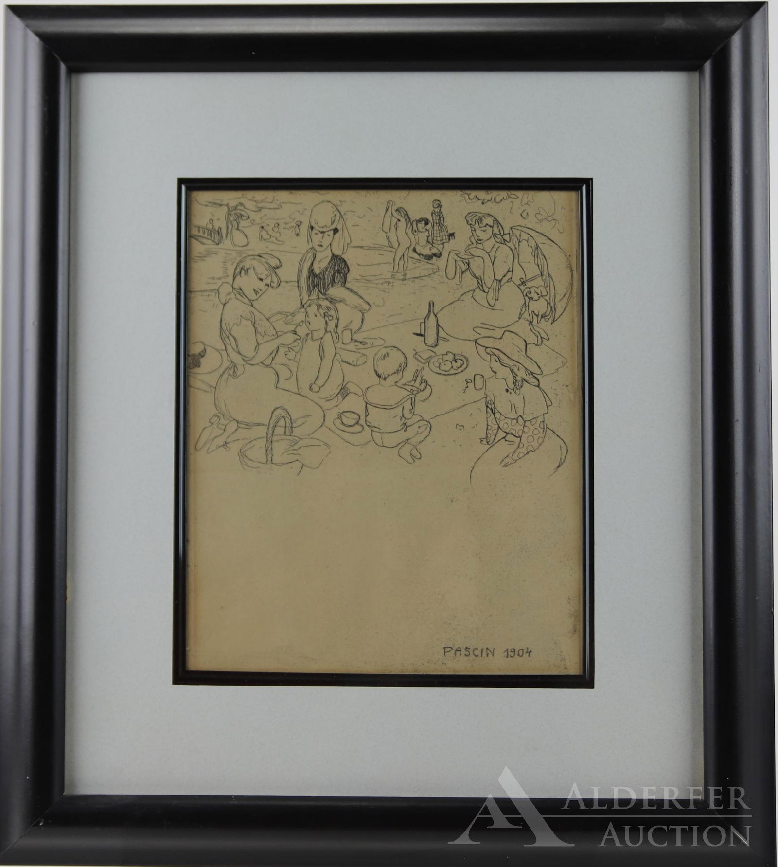 Jules Pascin (1885-1930): Pencil on paper, SDLR, 1904. Ladies and children picnicking. 8"h x 6.75"w sight and 14.5"h x 13"w framed