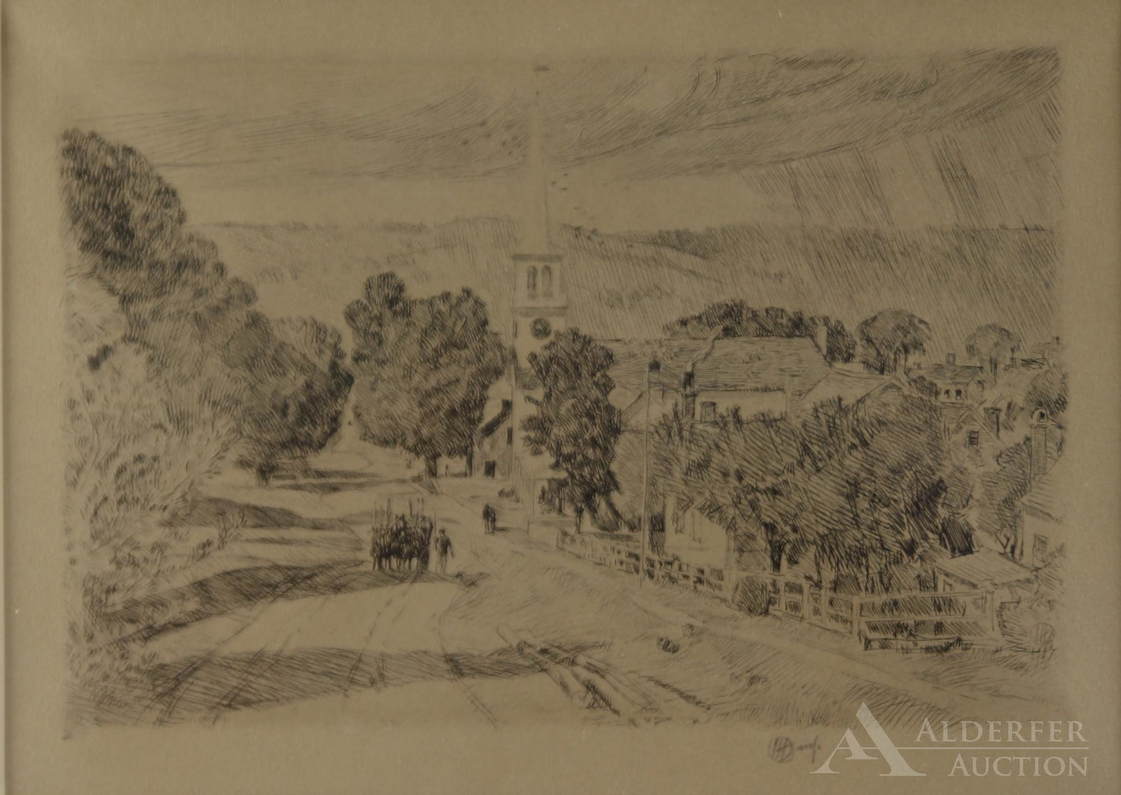 Childe Hassam (1859-1935): Etching, "A Vermont Village", SLR,1923. Black and white etching of rural town of Peacham, Vt. 7"h x 9.75"w sight and 13"h x 15"w framed