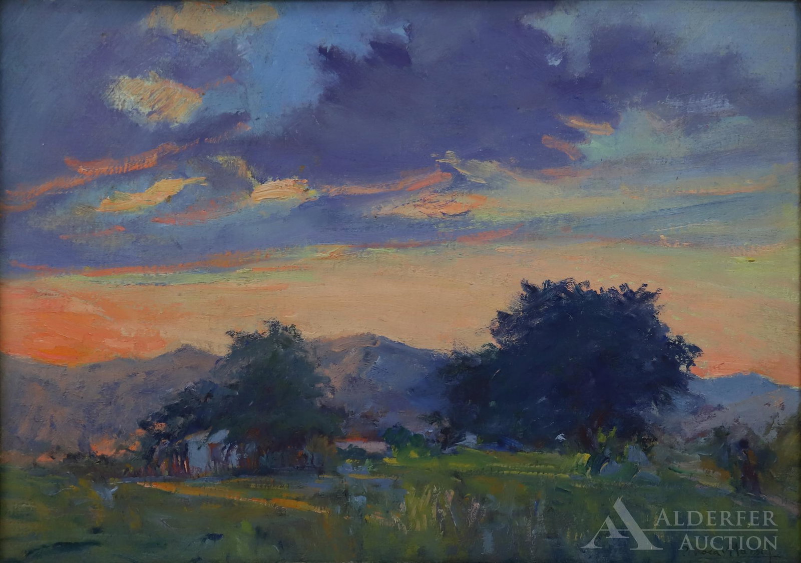 Pedro Roca Y Marsal (Born 1898): Oil on board, SLR . Sprawling landscape at sunset. 14"h x 19"h and 20"h x 25"h framed