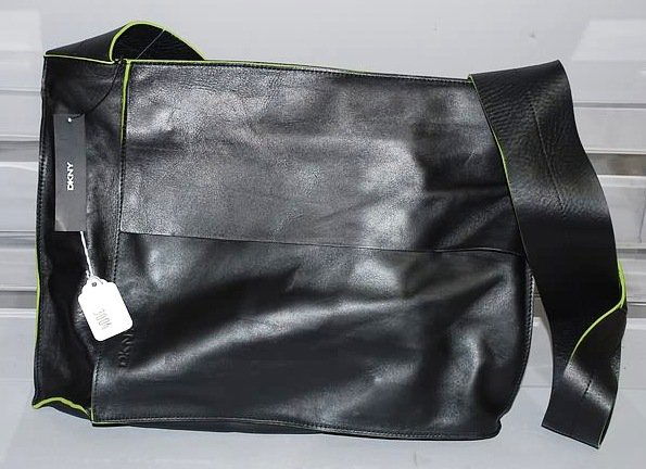 DKNY Black w/ Green Trim Leather Shoulder Handbag: DKNY black with green trim leather shoulder handbag. Neiman Marcus price tag attached. SKU 163 1535 - Price $170. New condition - not used. Shipping: $30 plus insurance.Shipping: $30 plus insurance.