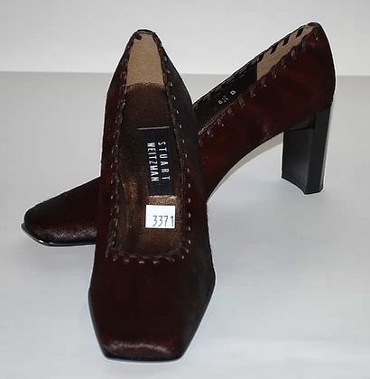Stuart Weitzman Brown Fur Pumps (8-1/2B): Stuart Weitzman brown fur pumps w/square toe and stitching. Size: 8-1/2B. Good condition. Shipping: $27 plus insurance.