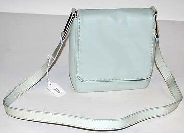 DKNY Small Green Leather Mailbag: DKNY small green leather mailbag with front flap closure and shoulder strap. Good condition. Shipping: $30 plus insurance.