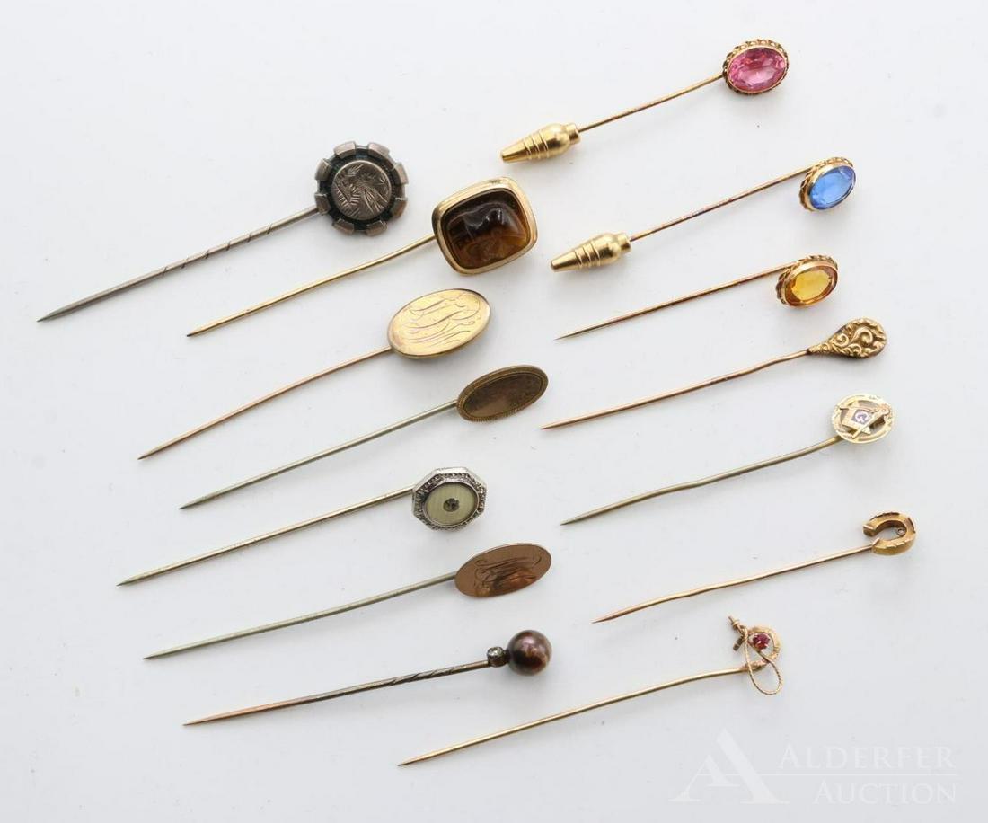 Stick Pins: Grouping of (14) sticks of varying design including masonic, horseshoe, tigers eye cameo, etc. Approx, 2-2.5"