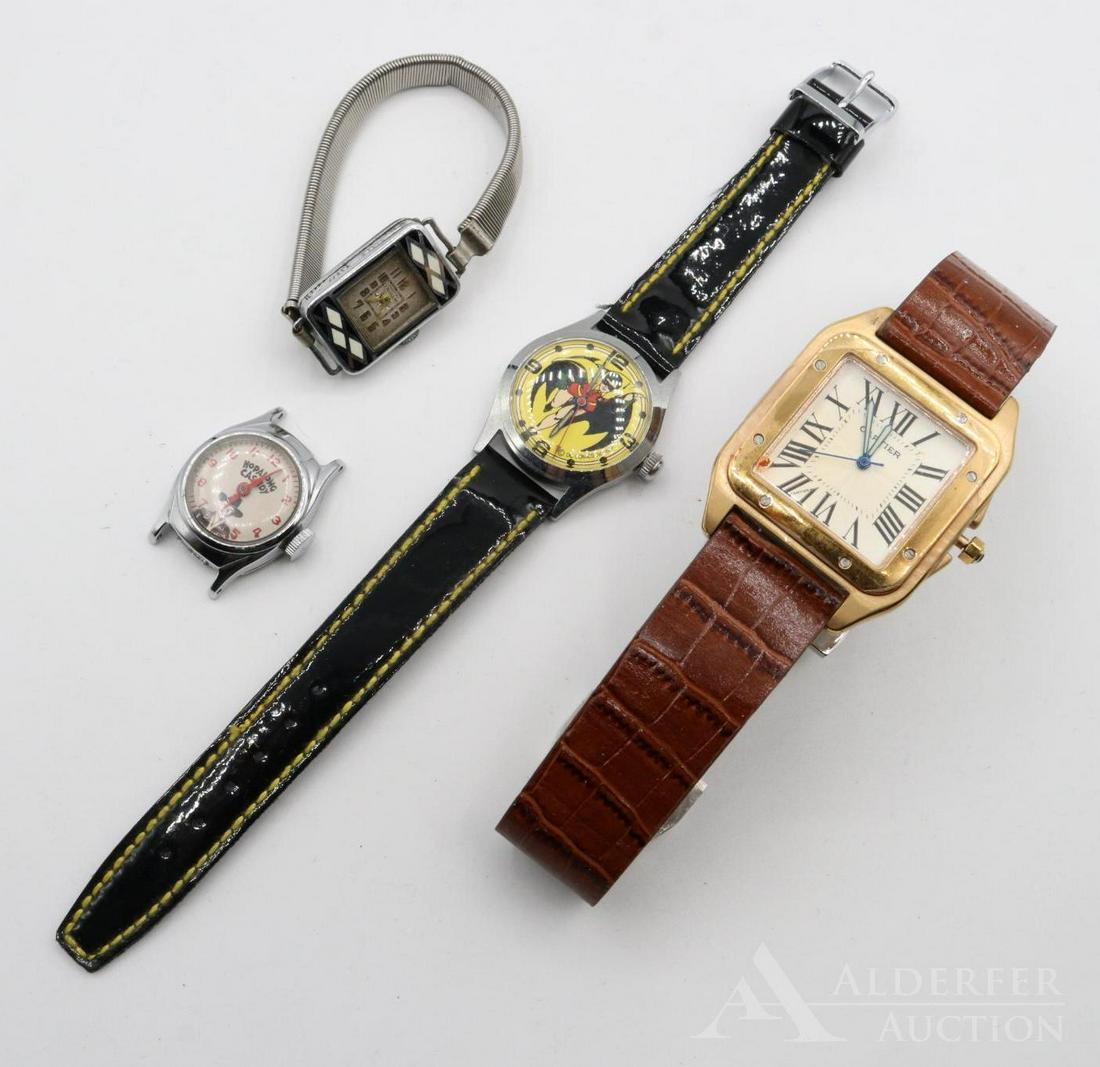 Wristwatches: Grouping includes Hopalong Cassidy, 1978 Robin DC comics, Chateau Cadillac enameled, and a faux Cartier.