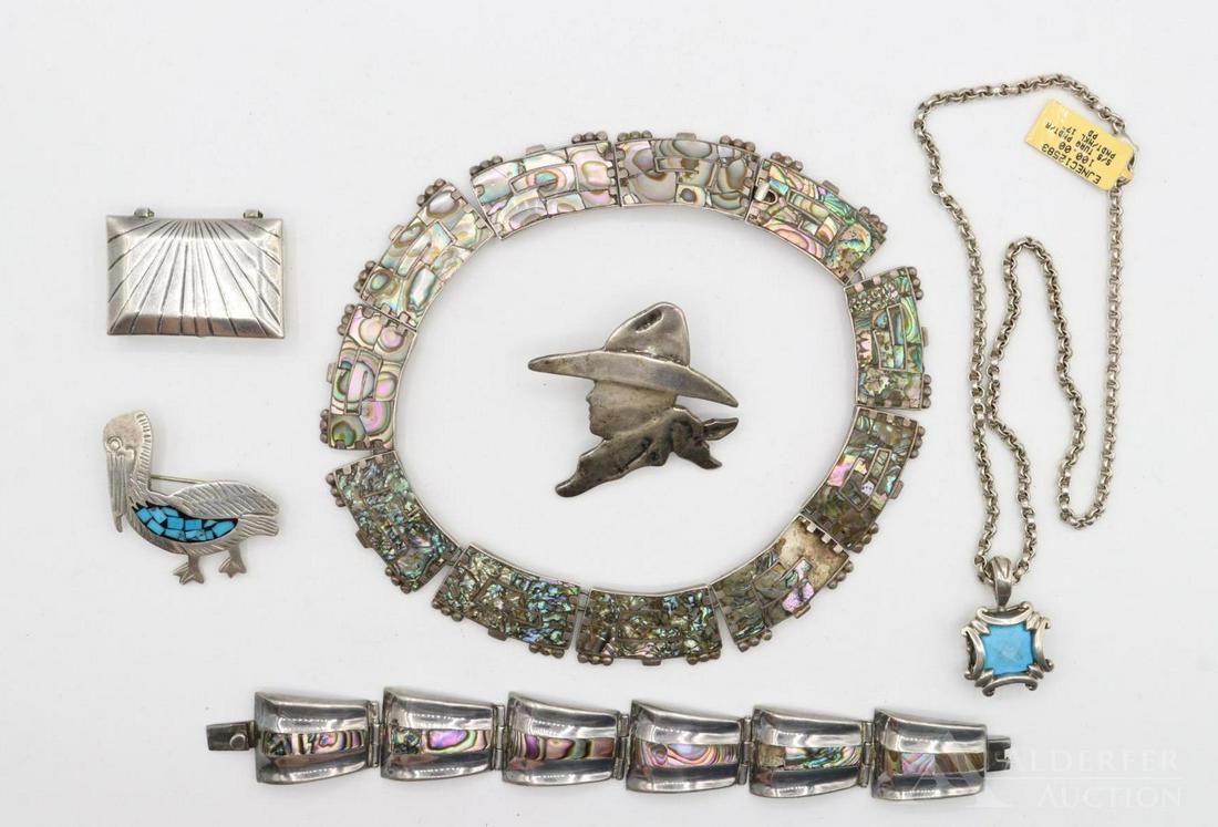 Sterling Silver Taxco Jewelry: Grouping includes a sterling silver taxco abalone necklace (12") and bracelet (6.25"), taxco sterling and turquoise pelican pin, a sterling and turquoise necklace and pendant, a sterling cowboy bust b