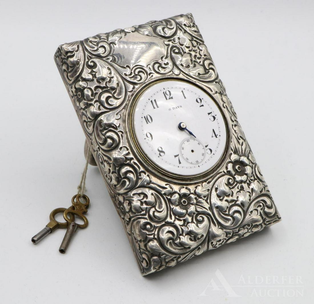 Black, Starr & Frost Sterling Desk Clock: Black, Starr and Frost 8-day desk clock. Missing 2 hands, includes both keys. 4"h x 2.5"w