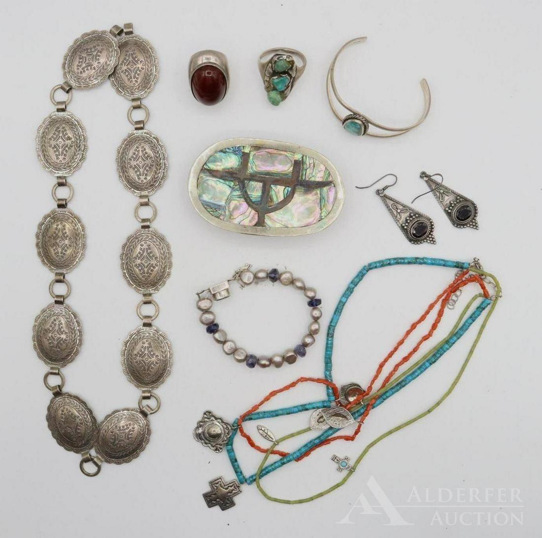 South West Jewelry: Grouping includes a 20" concho belt, triple stranded heishi necklace with sterling charms (16-18"), turquoise cuff and ring, sterling bracelet, abalone buckle, agate ring,
