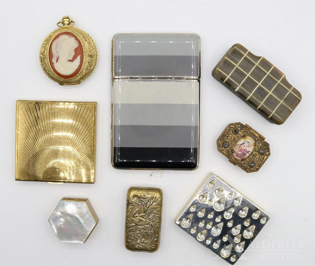 Boxes and Compacts: Grouping includes an assortment of compacts, pill boxes, match safes and cigarette cases. Largest 4.5"