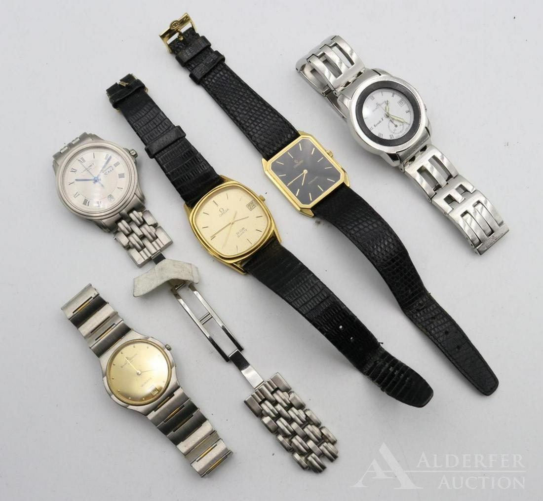 Wristwatches: Grouping includes an assortment of wristwatches of varying styles with makers including Chaumet, Omega, Baume & Mercier (2), and Concord, largest 38mm