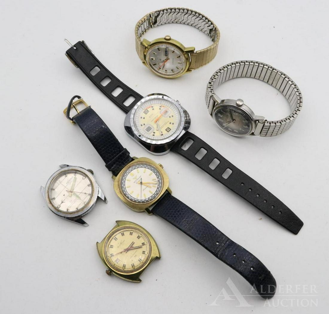 Wristwatches: Grouping includes an assortment of wristwatches of varying styles with makers including Spa Modele reserve, Elgin automatic, Genova Airman, Hamilton self-winding, Wittnauer automatic, and a Gruen 1318