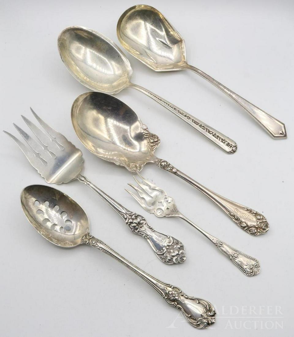 Sterling Silver Serving Pieces: Grouping includes serving spoons and forks with makers including Alvin, Towle, R. Wallace and Sons, and Baker. Largest 9.25", 13.63ozt
