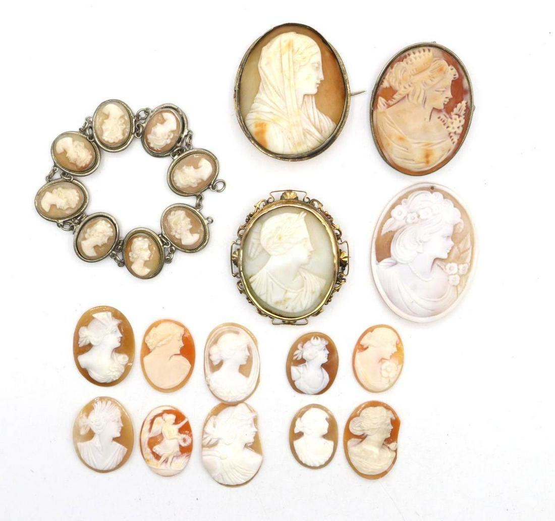 Cameos: Grouping includes an .800 silver bracelet, an early 800 silver set cameo and an assortment of cameos in various sizes and design. largest 2"