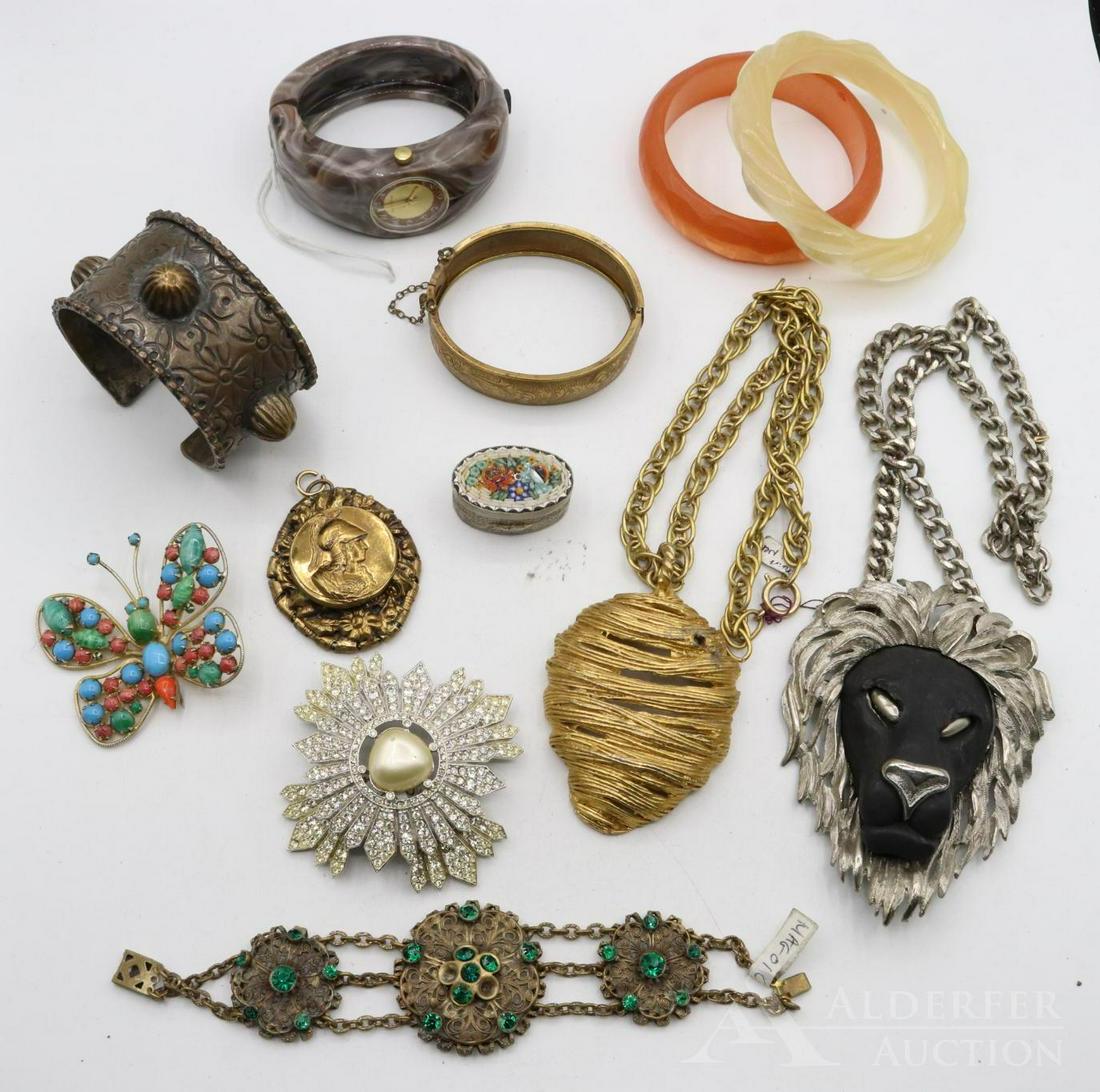 Assorted Jewelry and Accessories: Grouping includes a pair of bangle bracelets and watch, tribal style cuff, large lion pendant and chain, large beehive pendant and chain, micro mosaic pillbox, butterfly pin, etc.
