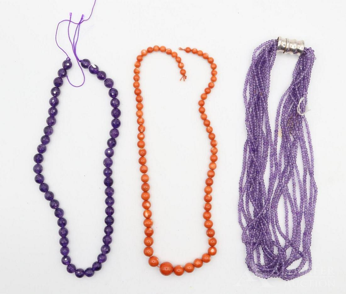 Necklaces: Grouping includes (2) amethyst necklaces and a carnelian beaded necklace. The carnelian and larger beaded amethyst need repair. Multi strand necklace is 17" with magnetic clasp