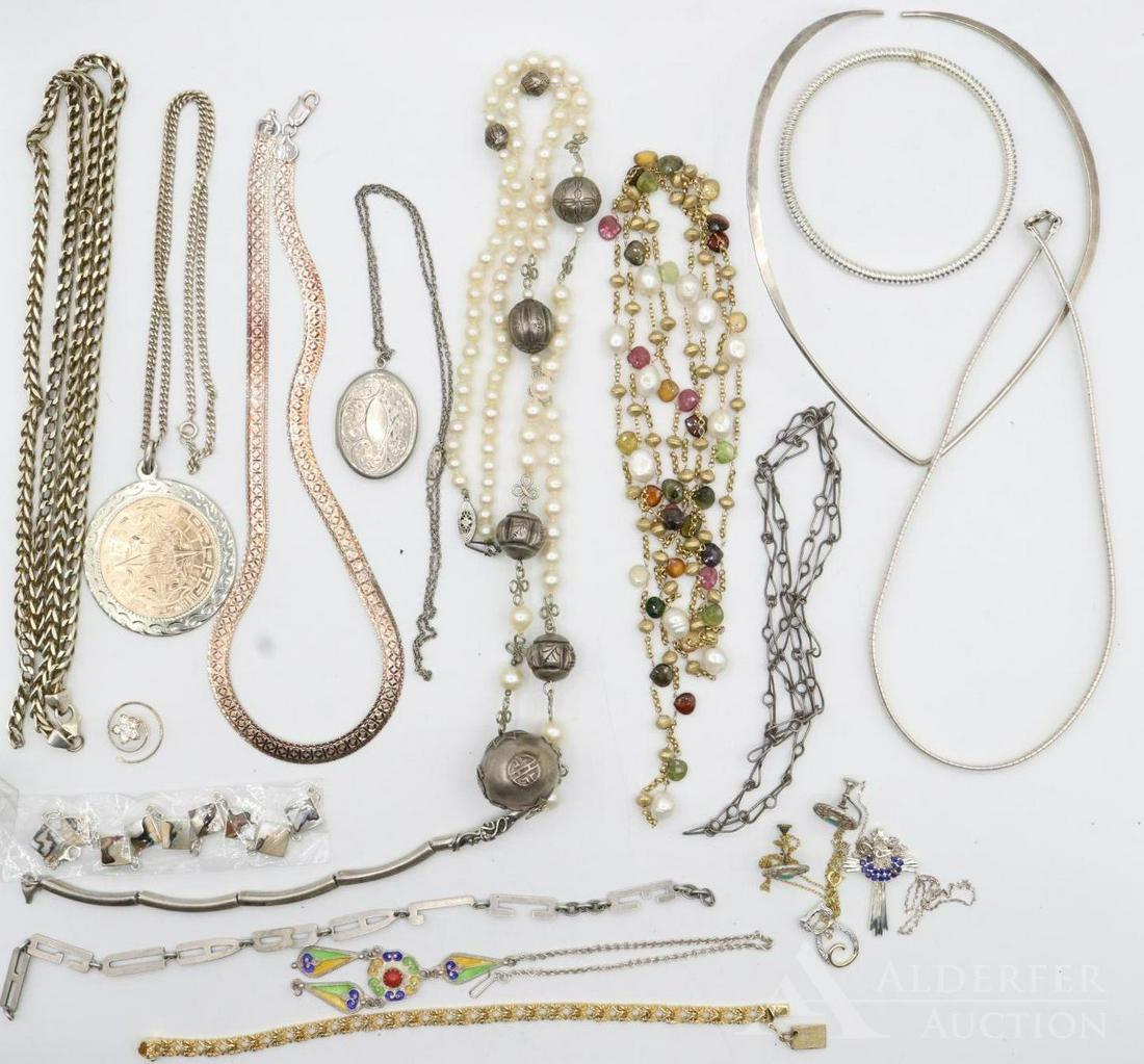 Necklaces and Bracelets: Grouping includes a Danish sterling David Andersen necklace, sterling herringbone necklace, sterling silver and 10k Mayan style pendant and necklace, sterling pendant and chain, semi-precious stone ne