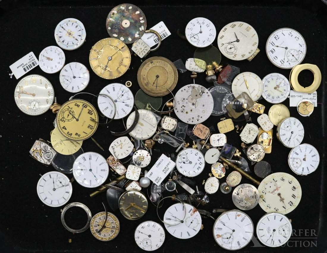 Pocket and Wrist Watch Parts: large assortment of pocket and wrist watch parts with makers including Elgin, Waltham, Bulova, Juventa, Tiffany face with Hamilton works, and many more.