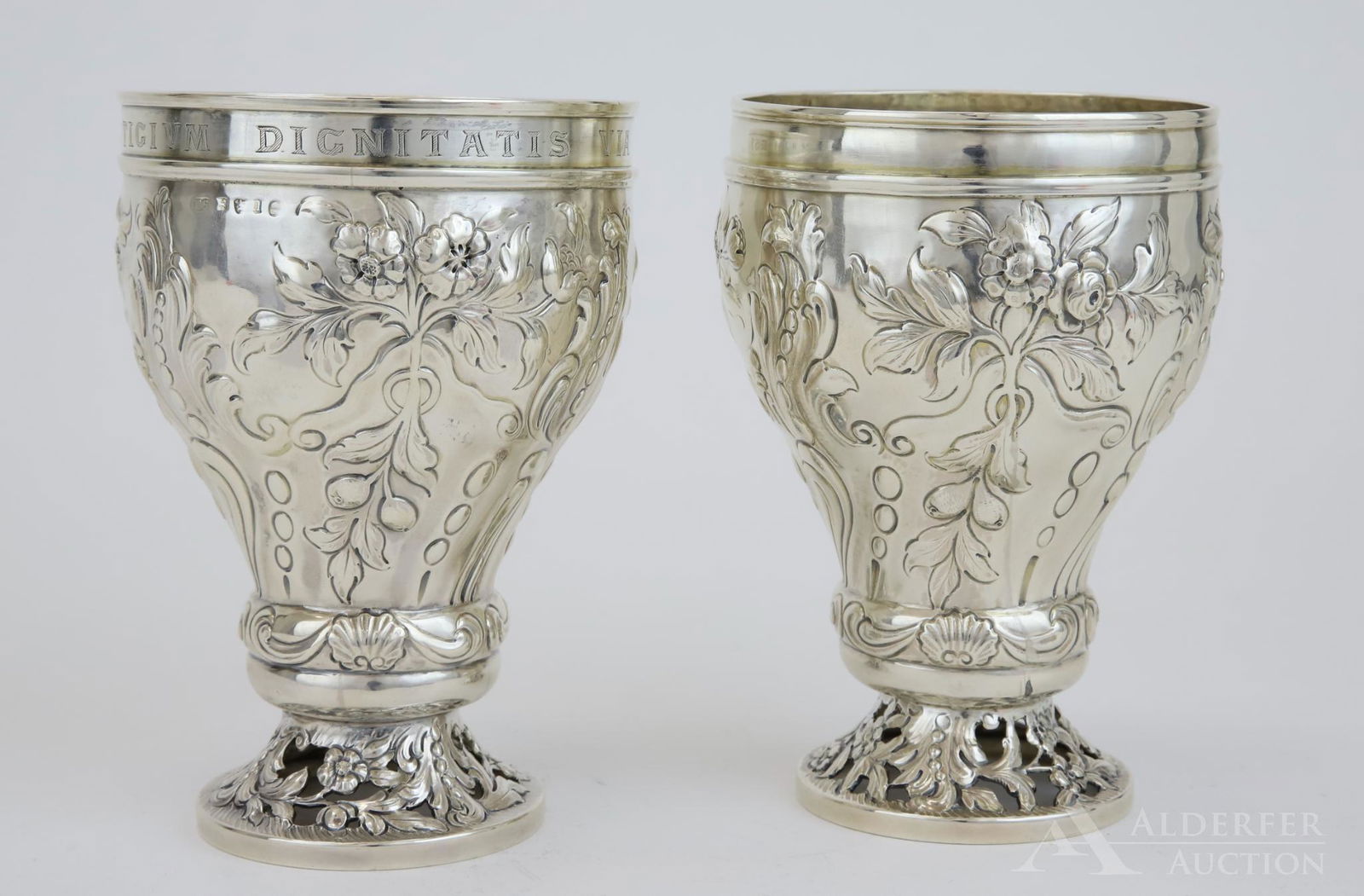 19th c. Sterling Silver Wine Cups: Matching pair of Georgian sterling silver stout wine cups. Hallmarked Paul Storr, 1835. One is has the engraving, "confragosa in fastigium dignitatis via est.” - It is a rough road that leads to gre