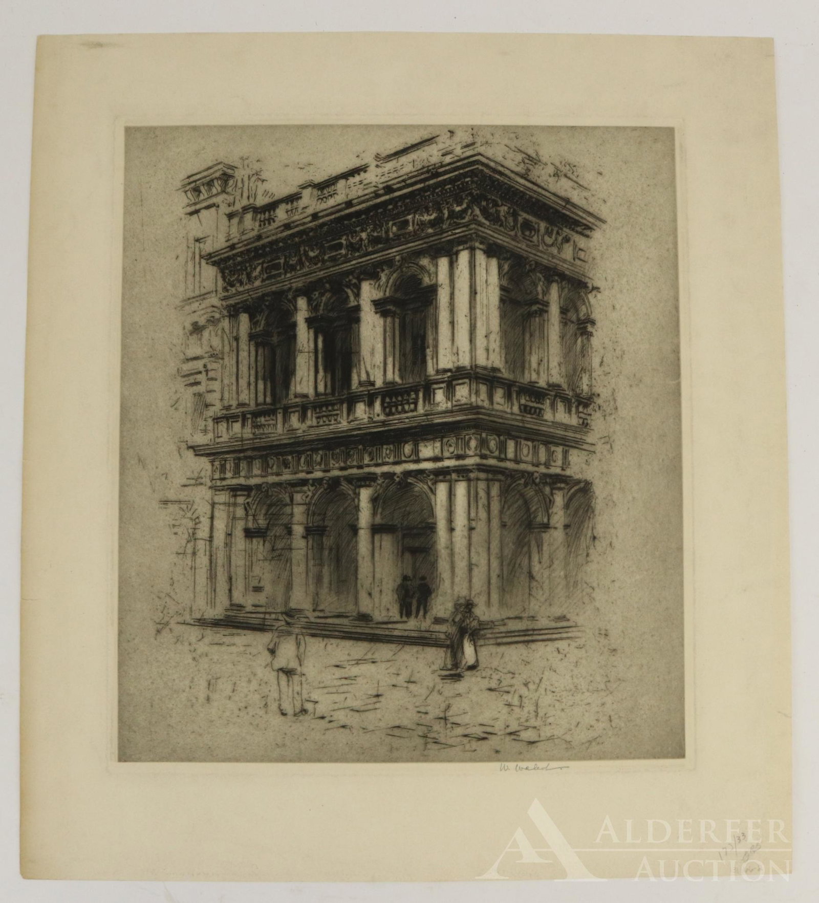 William Walcot Etching: William Walcot (1874-1943) British architect, graphic artist and etcher. Etching of building in Venice Italy on sheet measuring 23" x 20.5" (plate impression 17.5" x 15.5"). Signed lower right in penc