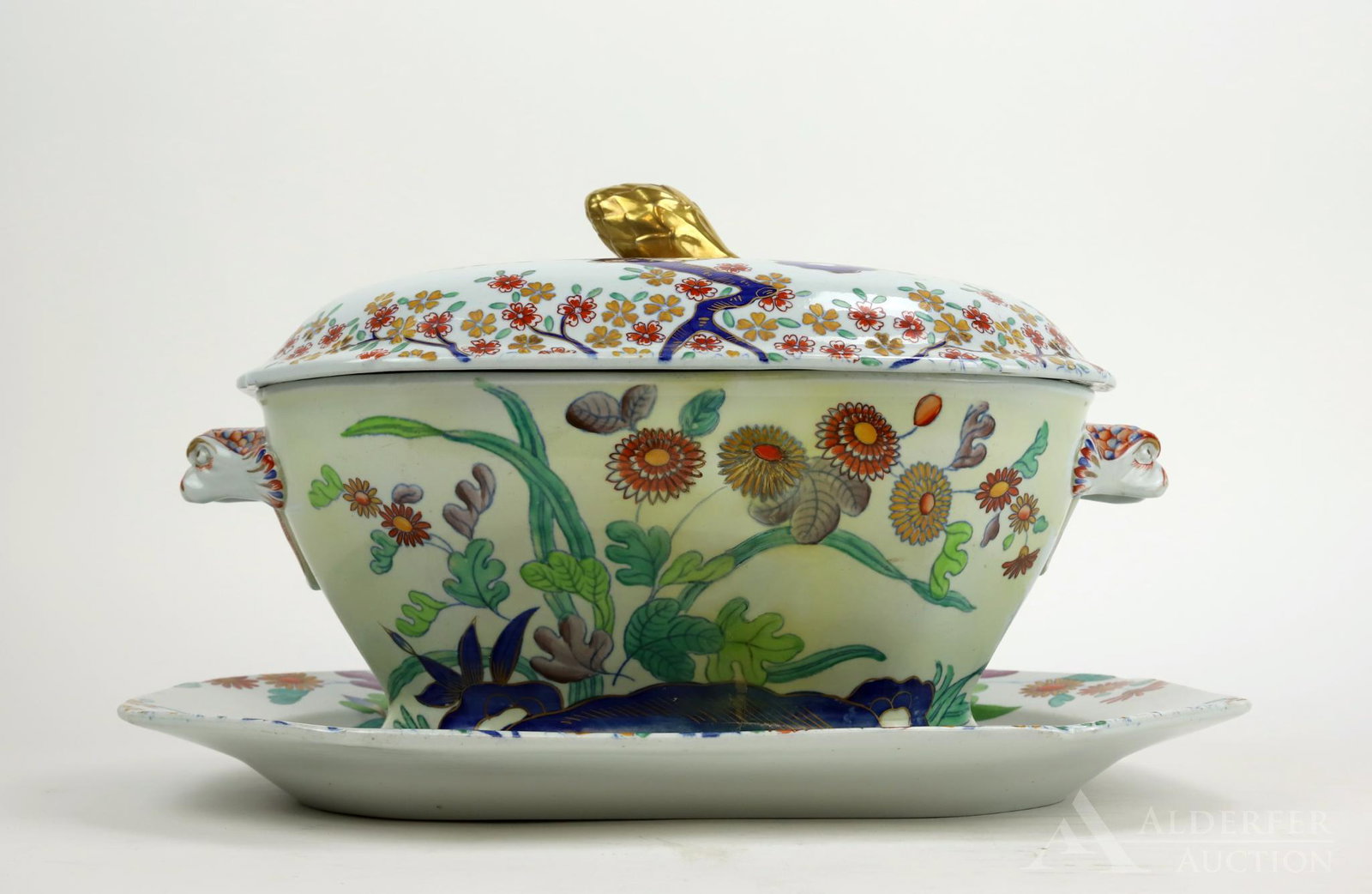 19th c. Spode Porcelain Tureen and Under Plate: Hand decorated in the Chinese aesthetic. Tureen without finial 7"h x 11.25"w x 8"d and 14.25"w x 11"d under plate