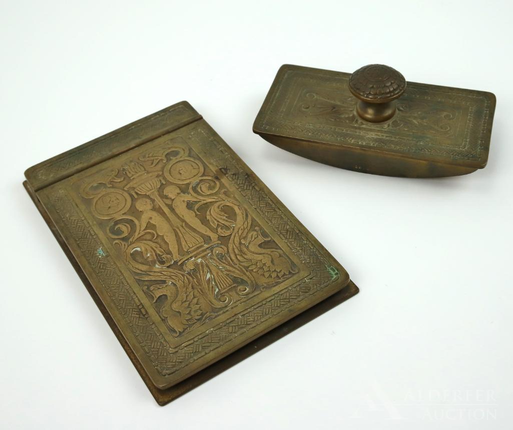 Tiffany Studios Bronze Desk Accessories: Includes a notepad cover and ink blotter, both in the "Spanish" pattern and both hallmarked Tiffany Studios, New York. Largest 7.5"l x 4.75"w